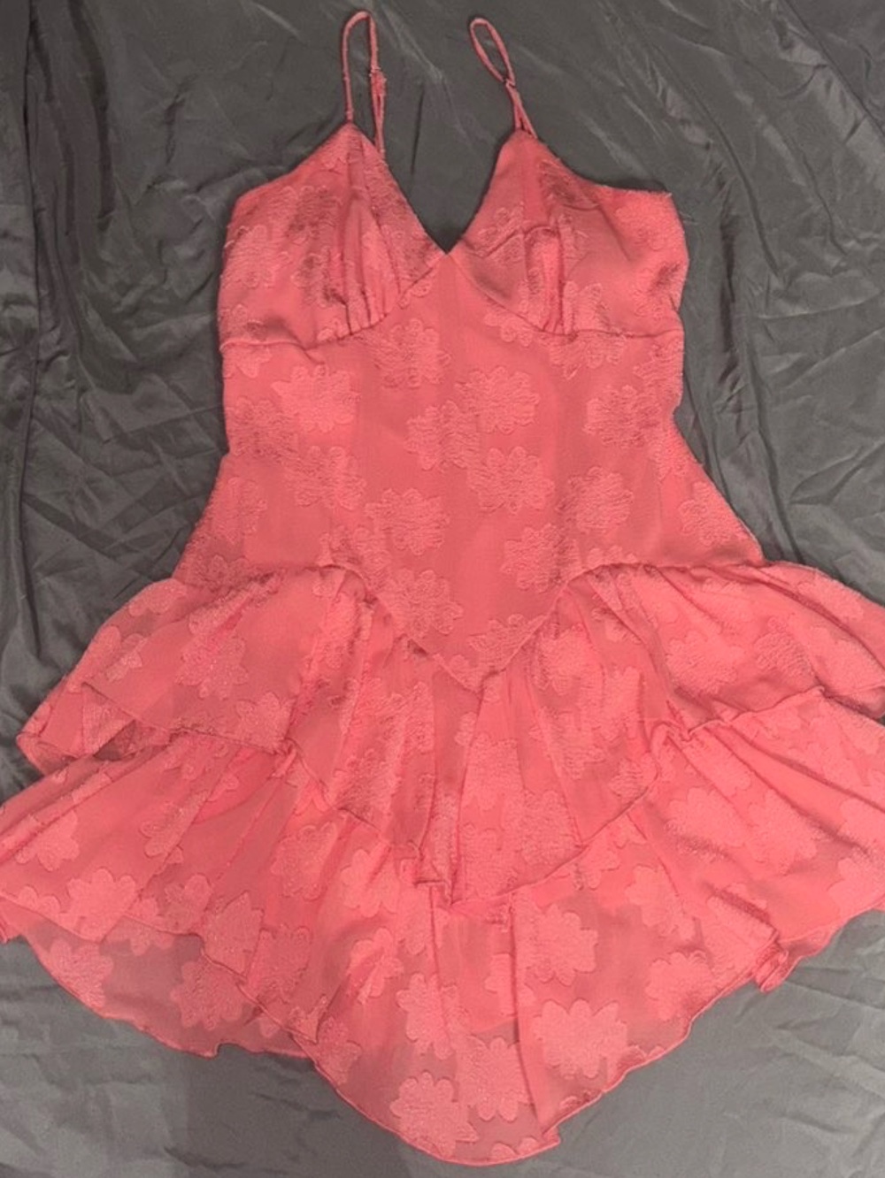 ☆Coral Lace floral Ruffle Mini Dress